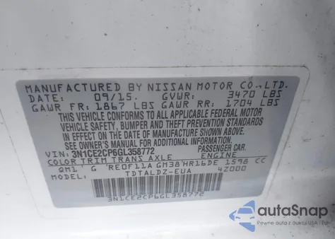 2016 Nissan Versa Note S (Sr)/S Plus/Sl/Sr/Sv from USA, damaged, VIN 3N1CE2CP6GL358772